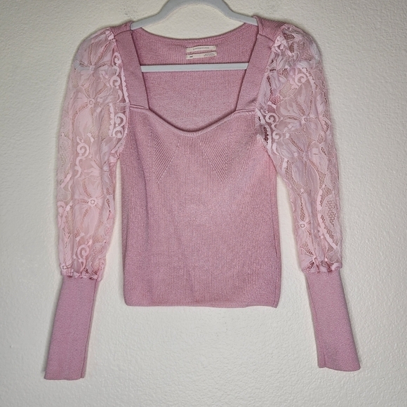 Anthropologie Barbie Pink Lace Sleeve Sweater XXSP - Picture 3 of 7
